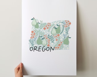 May include: A light blue outline of the state of Oregon filled with a pattern of green pears and pink and white flowers. The word "OREGON" is written in black below the state outline.