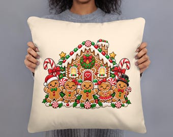 Gingerbread House Christmas Pillow, Gingerbread Family Holiday Cushion, Candy Xmas Throw Pillow, 18x18 Festive Christmas Home Decor Gift
