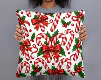 Candy Cane Christmas Pillow, Red Bow Holiday Cushion, Peppermint Xmas Throw Pillow, 18x18 Festive Candy Christmas Home Decor Gift