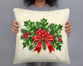 Watercolor Holly Christmas Pillow, Red Bow and Berry Holiday Cushion, Botanical Xmas Throw Pillow, 18x18 Traditional Christmas Home Decor