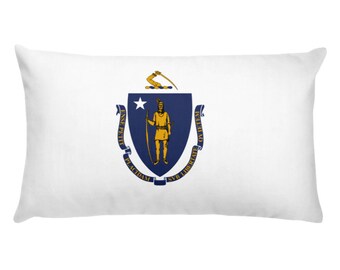 Massachusetts State Flag Throw Pillow, New England Home Decor, White Lumbar Cushion, 20x12 Patriotic Gift for Massachusetts Lovers