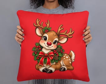 Rudolph Reindeer Christmas Pillow, Cute Holiday Throw Cushion, Red Festive Reindeer Decor, 18x18 Christmas Pillow with Insert and Case