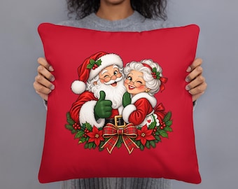 Santa and Mrs Claus Christmas Pillow, Holiday Couple Cushion, Red Xmas Throw Pillow, 18x18 Traditional Christmas Home Decor with Insert