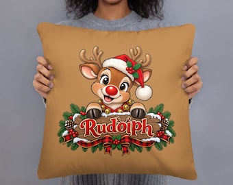 Rudolph Christmas Pillow, Reindeer Holiday Throw Pillow, Vintage Christmas Decor, Festive Reindeer Cushion, Cute Xmas Home Gift