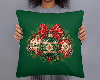 Vintage Glass Ornament Christmas Pillow, Retro Holiday Bauble Cushion, Colorful Xmas Throw Pillow, 18x18 Festive Christmas Home Decor Gift