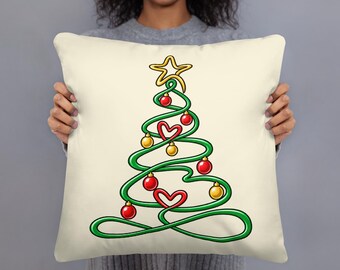 Single Line Christmas Tree Pillow, Minimalist Holiday Cushion, Modern Xmas Throw Pillow, 18x18 Festive Christmas Tree Home Decor Gift