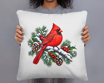Cardinal Christmas Pillow, Red Bird on Snowy Pine Branch Cushion, Winter Holiday Throw Pillow, 18x18 Rustic Christmas Home Decor Gift