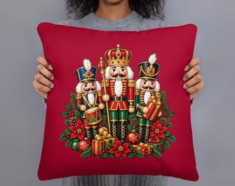 Nutcracker Christmas Pillow, Traditional Holiday Soldier Cushion, Red Xmas Throw Pillow, 18x18 Festive Nutcracker Home Decor with Insert