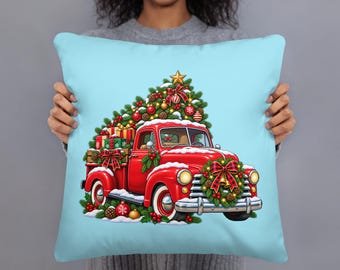 Vintage Red Truck Christmas Pillow, Christmas Tree Holiday Cushion, Farmhouse Xmas Throw Pillow, 18x18 Festive Winter Home Decor Gift