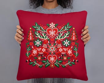 Scandinavian Christmas Pillow, Scandi Reindeer Snowflake Cushion, Nordic Holiday Decor, Red 18x18 Christmas Throw Pillow with Insert
