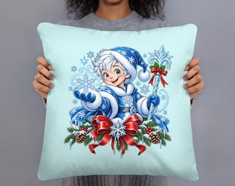 Jack Frost Christmas Pillow, Winter Holiday Character Cushion, Blue Xmas Throw Pillow, 18x18 Festive Snowy Christmas Home Decor with Insert
