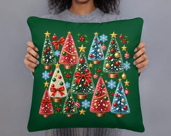 Bottlebrush Christmas Tree Pillow, Colorful Holiday Tree Cushion, Retro Xmas Throw Pillow, 18x18 Festive Green Christmas Home Decor