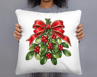 Mistletoe Christmas Pillow, Red Bow and Berry Holiday Cushion, Botanical Xmas Throw Pillow, 18x18 Traditional Christmas Home Decor Gift