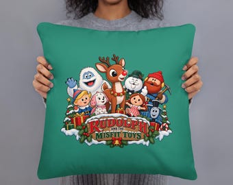 Rudolph Christmas Pillow, Festive Reindeer Throw Cushion, Holiday Character Decor, 18x18 Christmas Pillow with Insert and Case