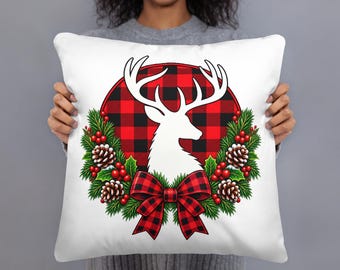 White Deer Christmas Pillow, Buffalo Plaid Reindeer Cushion, Rustic Farmhouse Xmas Throw Pillow, 18x18 Holiday Lodge Decor with Insert