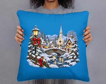 Snowy Christmas Village Pillow, Winter Church Steeple Cushion, Blue Holiday Throw Pillow, 18x18 Festive Village Decor with Insert