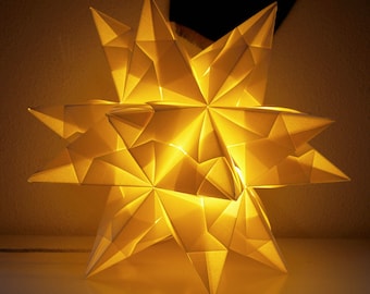 Lampe en papier, Lampe en Origami, lampe jaune, lampe de chevet, lampe pliage, lampe artisanale, lampe made in France.