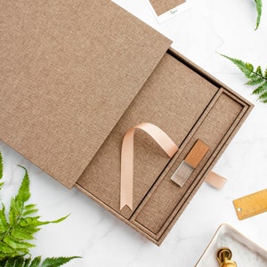 Pandora Linen Slide box with USB slot; a handmade Keepsake Storage Box for Photo Book