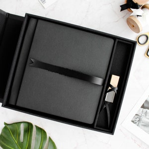 Modern Leatherette Flipbox with USB Slot; a handmade Keepsake Storage Box for Photo Book