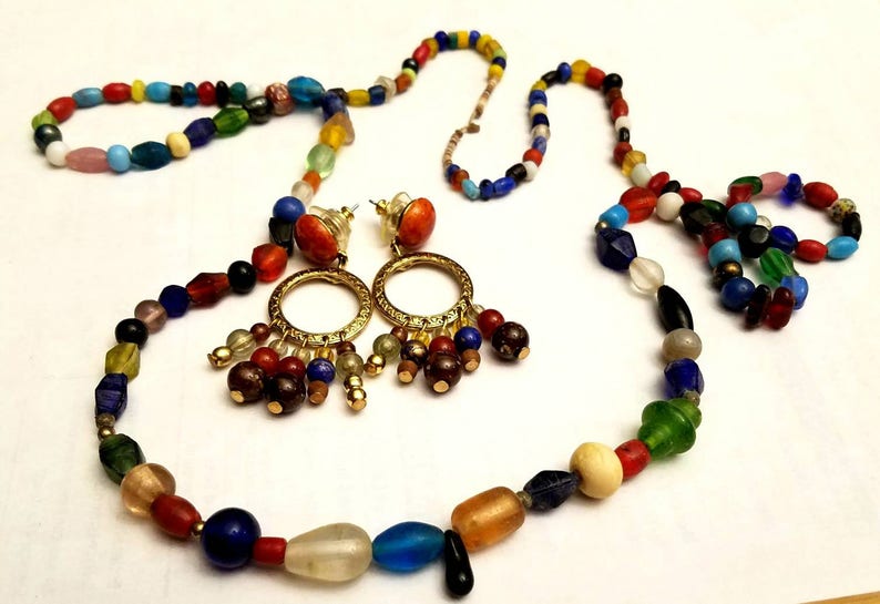 necklace and earrings multi colored semi precious stones