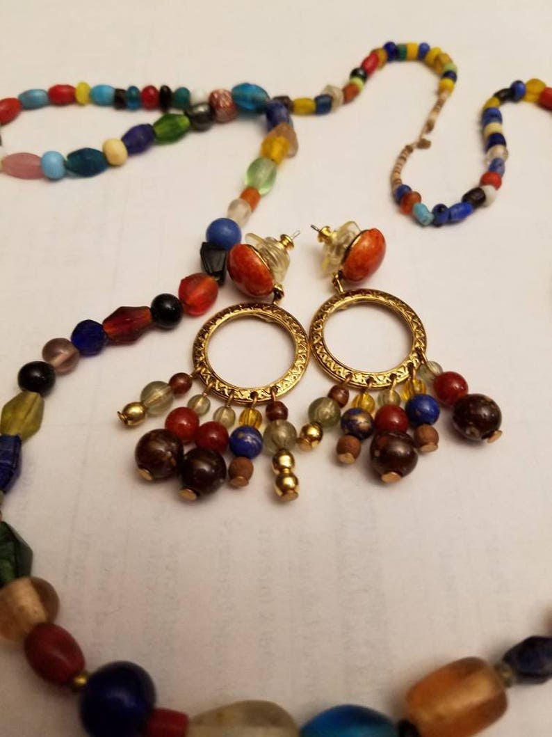 necklace and earrings multi colored semi precious stones