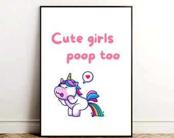Toilet humor poster - Girls poop too! - Printable toilet wall decoration poster