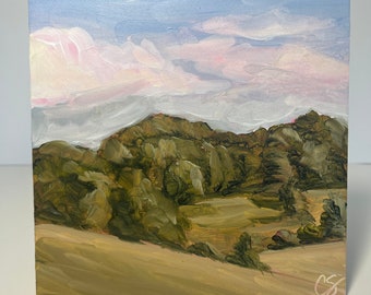 Resting Place- 6"x 6" original oil painting of the rolling hills along a treelike with clouds