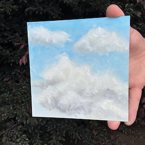 Heavy - 6&quot; x 6&quot; original oil painting of a fluffy cloud in the sky heavy with water ready for rain