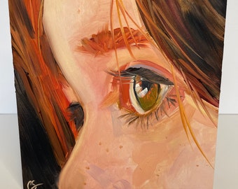 Freckled Gaze - 6"x 6" original oil painting of profile of young girl with freckles