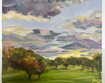 Storm over the Orchard - 6"x 6" original oil painting of storm clouds over and orchard