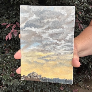 Linger- 5”x 7&quot; original oil painting landscape of tree line and sunset sky with clouds