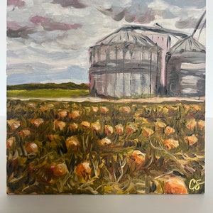 The Pumpkin Farm - 6&quot;x 6&quot; original oil painting of a silo at a pumpkin farm