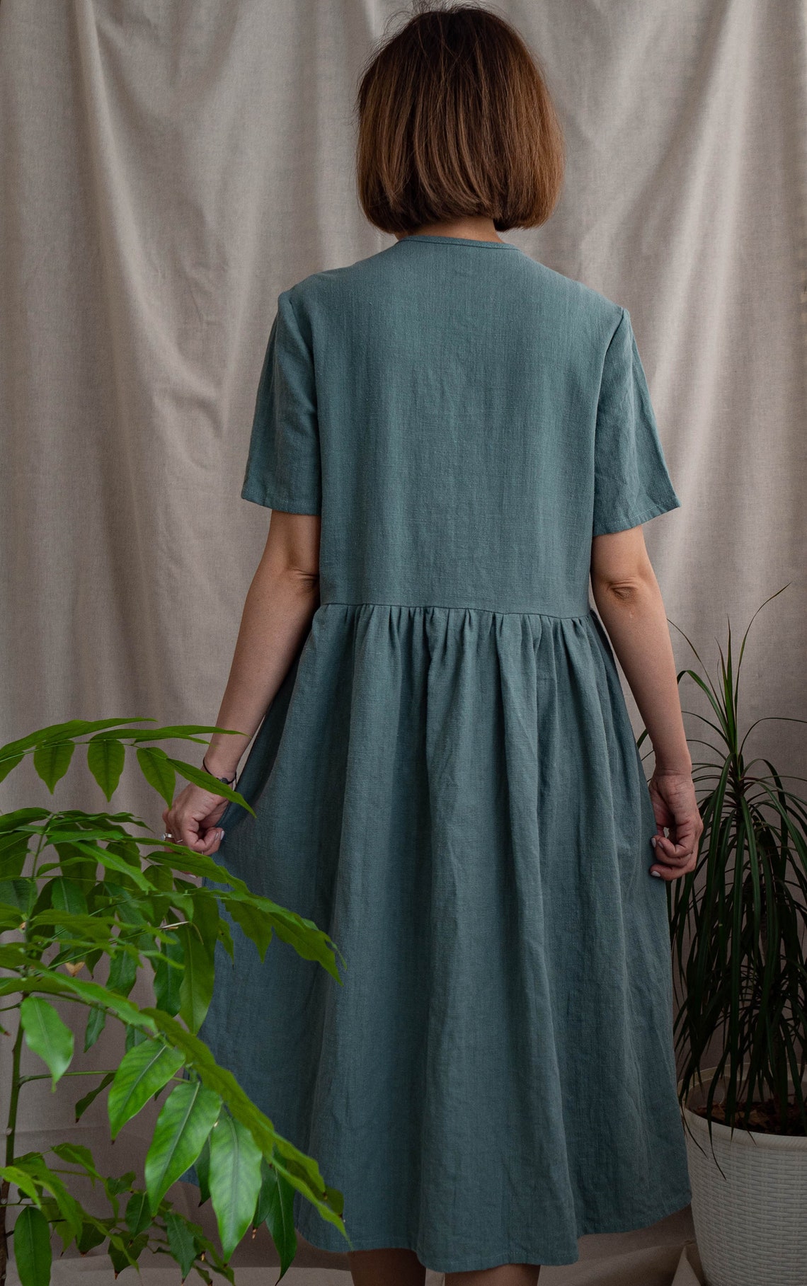 Dark green hemp cloth dress with buttonsHERBS /Summer dress / | Etsy