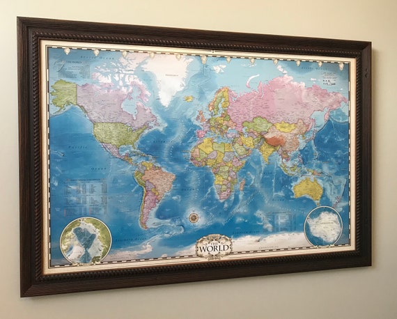 Classic Color Push Pin World Map Shown With Rustic Dark Brown Etsy
