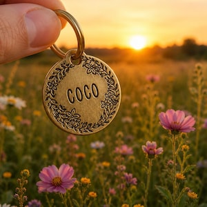 Könnte beinhalten: Eine runde Haustiermarke aus messingfarbenem Metall mit einer eingravierten Blumenkranz-Bordüre und dem mittig platzierten Namen COCO. Die Marke ist an einem runden Metallring befestigt und weist eine texturierte Oberfläche auf.