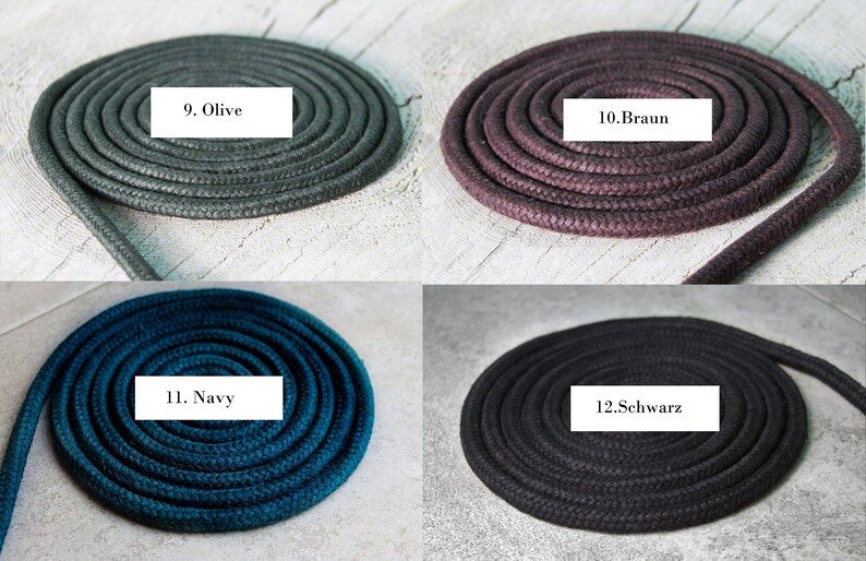 May include: Four coils of braided rope arranged in a grid. Each coil is labelled with a white rectangular tag: 9. Olive, 10. Braun, 11. Navy, and 12. Schwarz. The ropes feature a textured, woven surface and are displayed in olive, brown, navy blue, and black.