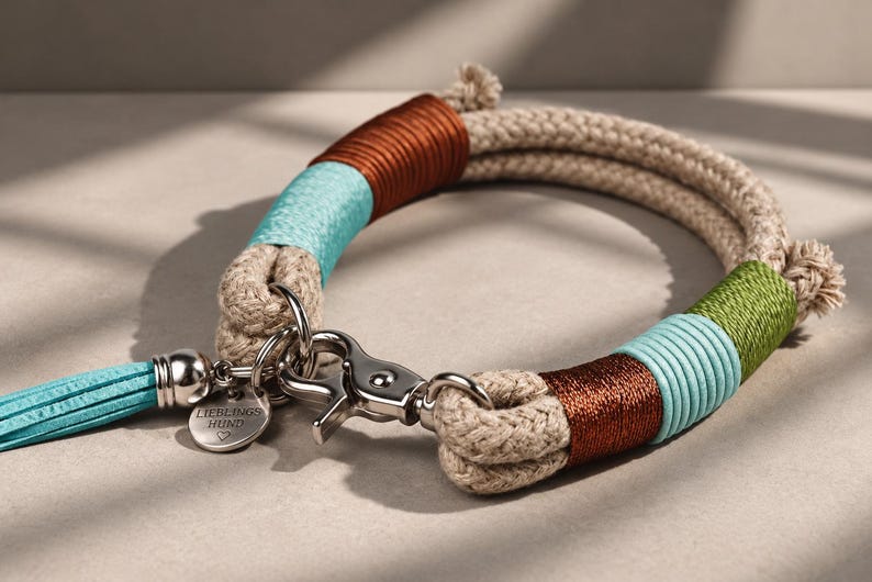 May include: A beige rope dog collar featuring sections wrapped in brown, turquoise, and green thread. It includes a silver metal lobster clasp, a matching turquoise tassel, and a round silver tag engraved with the text LIEBLINGS HUND.