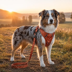 May include: A dog wearing an orange harness with a white speckled pattern and a matching leash. The harness features black buckles and a metal D-ring on the chest area. The dog has a tri-color coat of white, black, and tan fur with a fluffy texture.