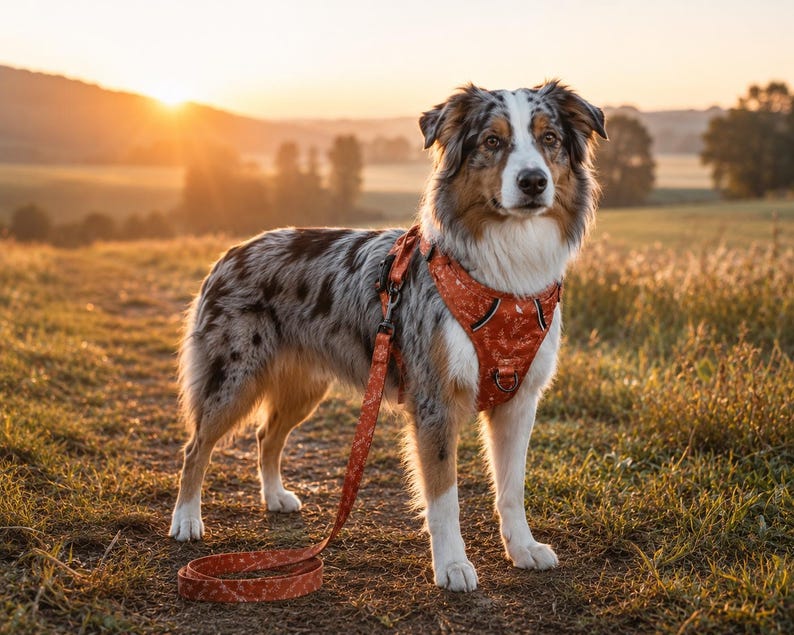 May include: A dog wearing an orange harness with a white speckled pattern and a matching leash. The harness features black buckles and a metal D-ring on the chest area. The dog has a tri-color coat of white, black, and tan fur with a fluffy texture.