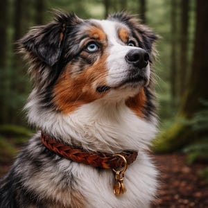 Peut inclure: Un chien Berger Australien aux yeux bleus avec un pelage tricolore noir, blanc et fauve. Le chien porte un collier en cuir tress&eacute; marron dot&eacute; d'un anneau en m&eacute;tal dor&eacute; et d'une petite m&eacute;daille d'identification ronde en m&eacute;tal dor&eacute; suspendue.