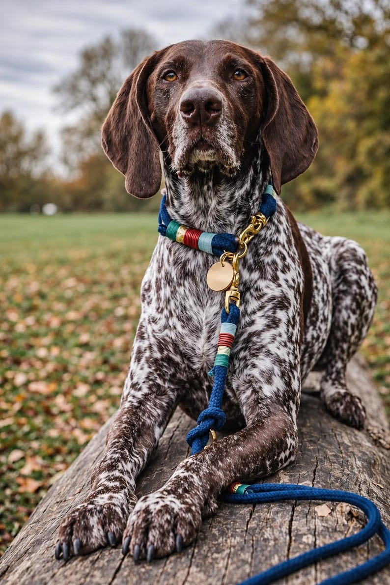 May include: A dark brown and white spotted dog wearing a navy blue rope collar and matching lead. The collar and lead feature decorative accents in red, light blue, and green, with brass hardware including a circular blank identification tag.