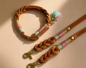 May include: A tan leather pet collar and leash set featuring braided sections, brass hardware, and decorative thread wraps in pink, mint green, and gold. The collar includes a small tassel charm, and the leash is embossed with the name ROSI.