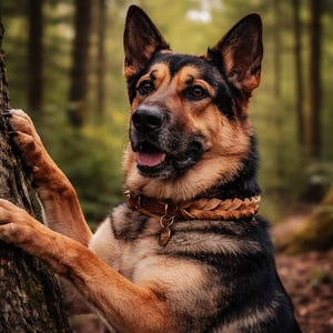 Peut inclure: Un berger allemand au pelage noir et feu, portant un collier en cuir tress&eacute; de couleur fauve avec une petite m&eacute;daille m&eacute;tallique ronde. Le chien a ses pattes avant pos&eacute;es contre l'&eacute;corce textur&eacute;e d'un tronc d'arbre, la t&ecirc;te l&eacute;g&egrave;rement tourn&eacute;e.
