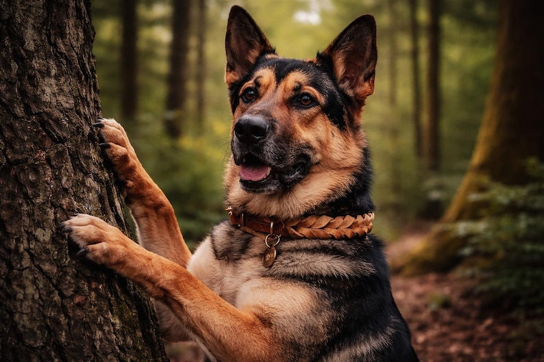 Peut inclure: Un berger allemand au pelage noir et feu, portant un collier en cuir tress&eacute; de couleur fauve avec une petite m&eacute;daille m&eacute;tallique ronde. Le chien a ses pattes avant pos&eacute;es contre l'&eacute;corce textur&eacute;e d'un tronc d'arbre, la t&ecirc;te l&eacute;g&egrave;rement tourn&eacute;e.