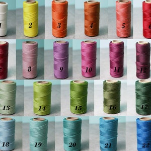 May include: A collection of twenty-two cylindrical spools of thread arranged in a grid, each labeled with a black number from 1 to 22. The spools display a diverse spectrum of colors including white, yellow, orange, red, pink, purple, green, and blue.
