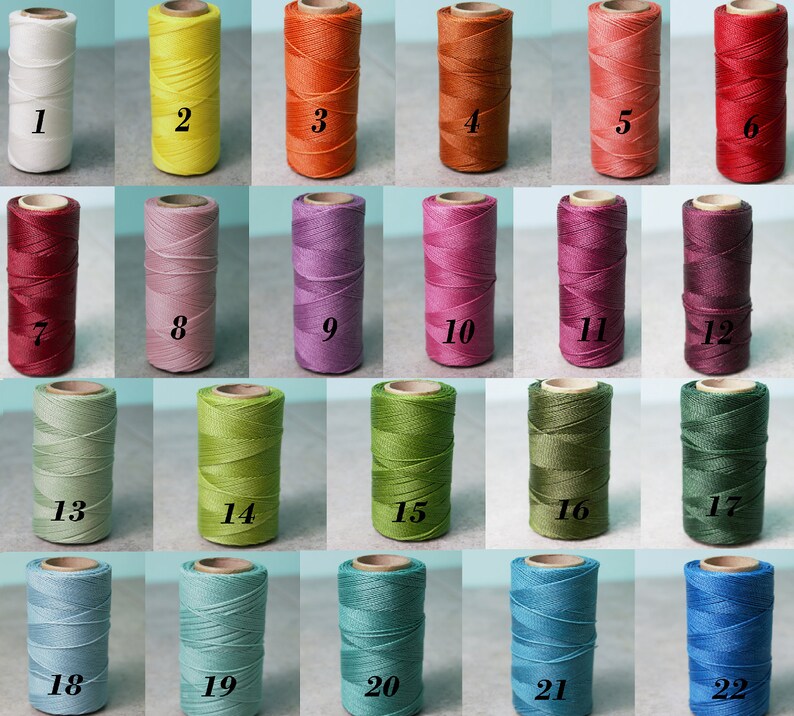 May include: A collection of twenty-two cylindrical spools of thread arranged in a grid, each labeled with a black number from 1 to 22. The spools display a diverse spectrum of colors including white, yellow, orange, red, pink, purple, green, and blue.