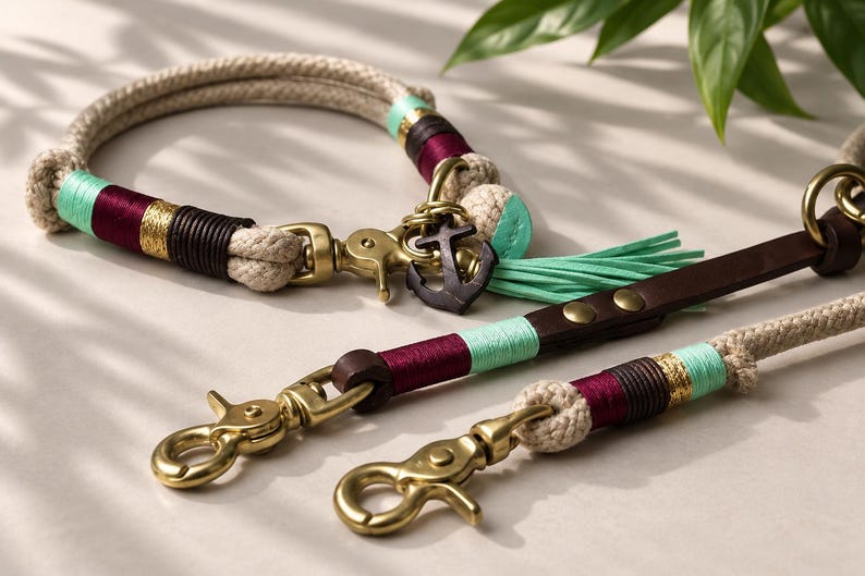 May include: A pet collar and leash set made of thick beige rope, featuring accents of mint green and deep burgundy thread, dark brown leather segments, brass hardware, and a dark metal anchor charm with a mint green tassel attached to the collar.