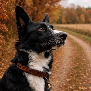 Peut inclure: Un chien noir et blanc aux oreilles pointues et aux yeux ambr&eacute;s portant un collier en cuir marron tress&eacute; &eacute;pais. Le collier comporte un anneau m&eacute;tallique circulaire attach&eacute; &agrave; une petite &eacute;tiquette m&eacute;tallique suspendue sur le poitrail blanc.