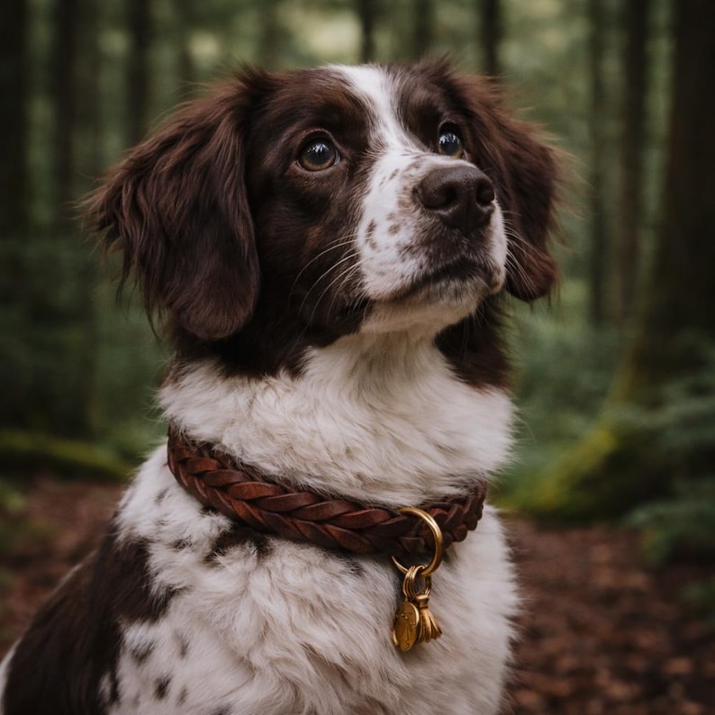 Pode incluir: Um c&atilde;o castanho e branco com uma coleira de couro entran&ccedil;ado castanho escuro, com um anel de lat&atilde;o e duas pequenas placas redondas de lat&atilde;o. O c&atilde;o tem pelo comprido e macio, uma mancha branca na cara e manchas castanhas escuras.