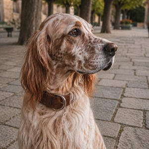 May include: An English Setter dog with a white and orange-brown spotted coat and long, wavy fur. The dog has a dark brown leather collar with a silver-toned metal buckle and is looking toward the right side of the frame with brown eyes.